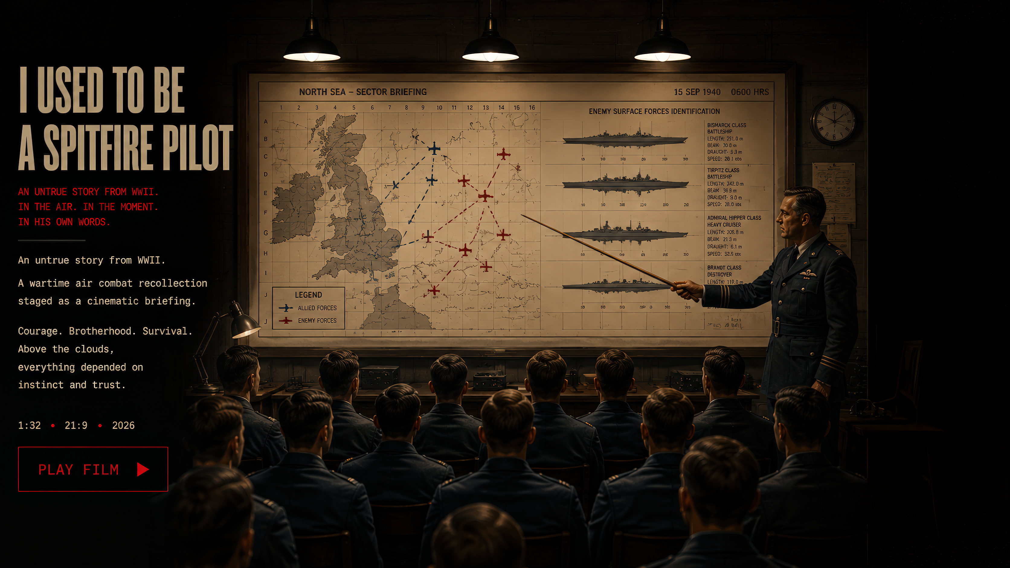 A World War II RAF briefing room with airmen facing a tactical board