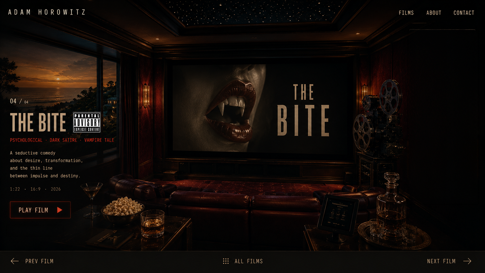 The Bite displayed in a dark private cinema overlooking the sea